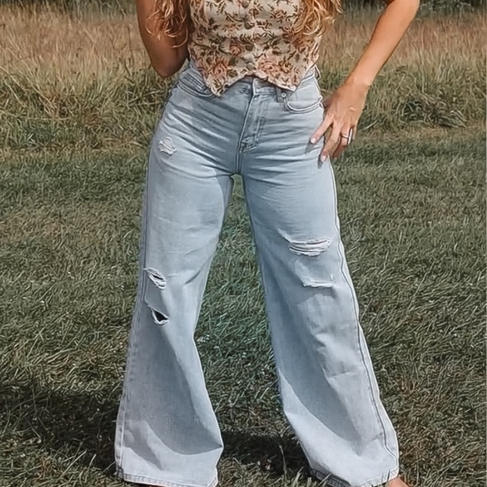 New Wide Leg Jeans Distressed High Waist